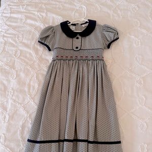 Gray Dress with Navy Accent and red rose smocking